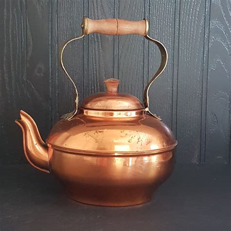 Vintage Portugal Copper Kettle Brass Wood Handle 9 Cup Capacity
