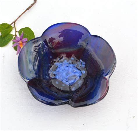 Fused Glass Flower Bowl Dark Blue Purple Green Red Etsy Fused Glass Flower Bowl Blue And
