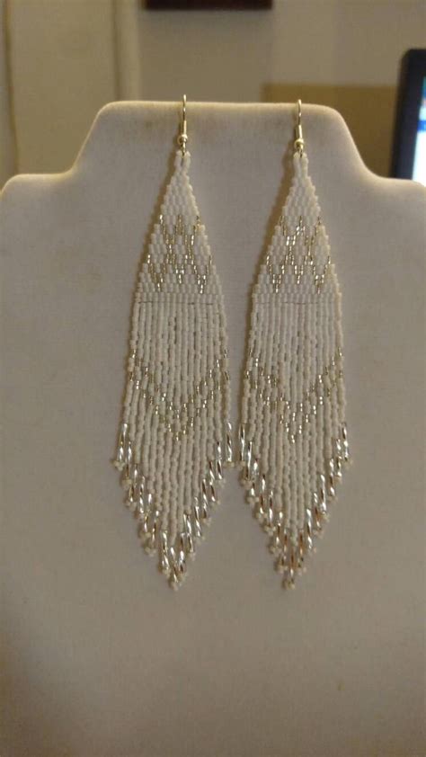 Native American Style Beaded White And Silver Wedding Earrings Image 1