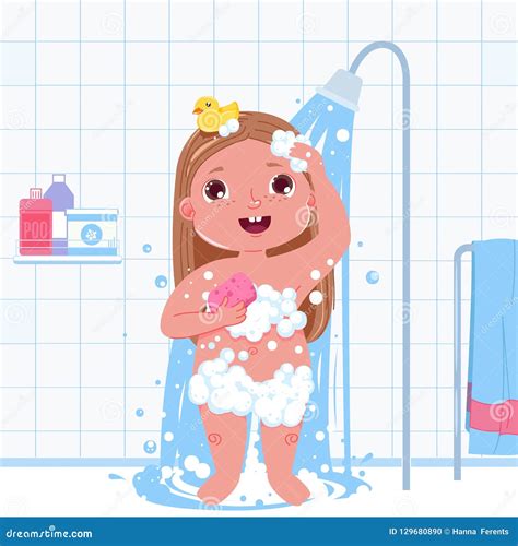 Little Child Girl Character Take A Shower Daily Routine Stock Vector
