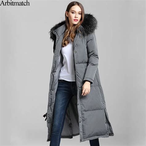 arbitmatch new long down coats winter down jacket women natural large racoon fur collar hooded