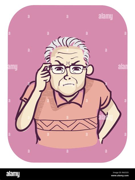 Illustration Of A Senior Man Holding His Eyeglasses And Squinting To