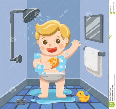 A Baby Boy Taking A Shower In Bathroom Stock Vector Illustration Of