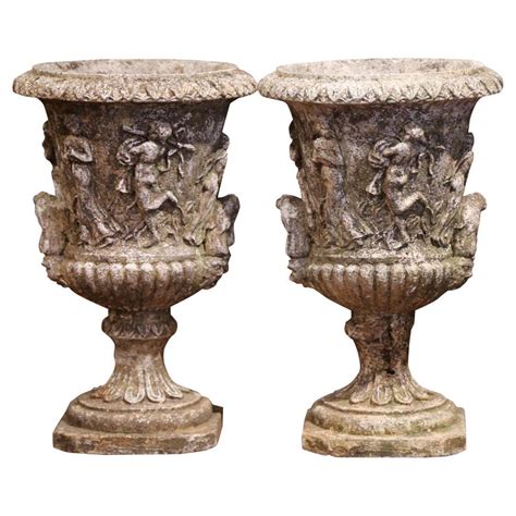 Pair Of Early 20th Century French Outdoor Carved Cast Stone Vases At