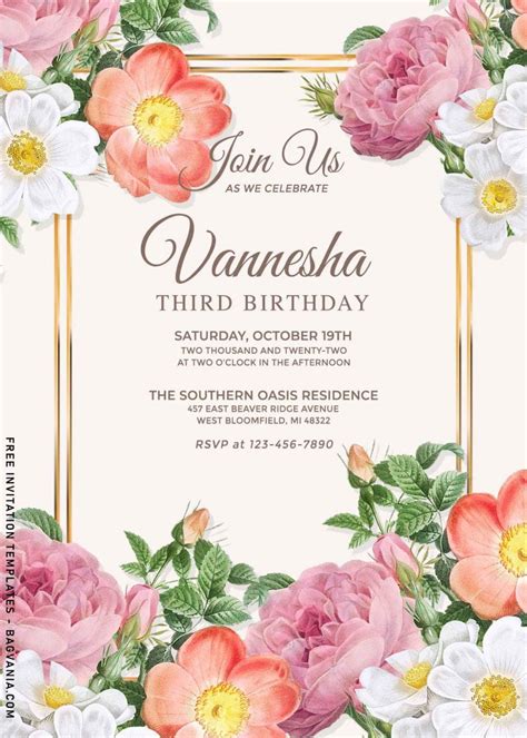 Elegant Set Of Watercolor Spring Flowers Themed Birthday Invitation Templates Free