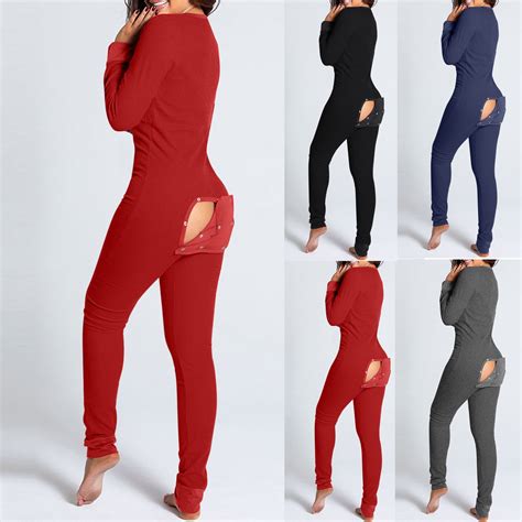 Sexy Women Solid Onesies With Butt Flap For Adults Sexy Sleepwear Romper Open Butt Pajamas