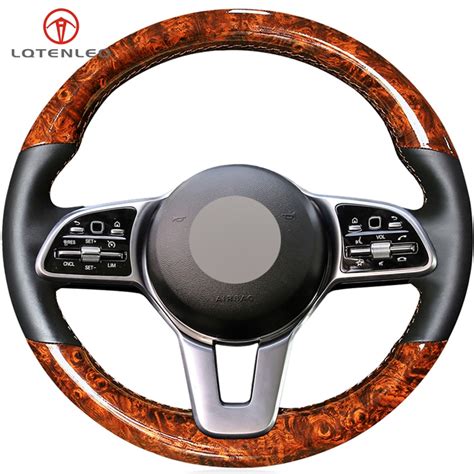 Lqtenleo Black Genuine Leather Wood Grain Car Steering Wheel Cover For