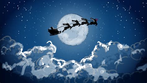 Free Art Santa And His Reindeer Flying Past The Moon On Christmas Eve
