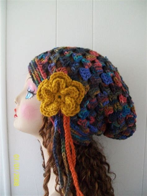 Womens Handmade Crochet Boho Slouchy Hat Tam Earthy W Flower Boho