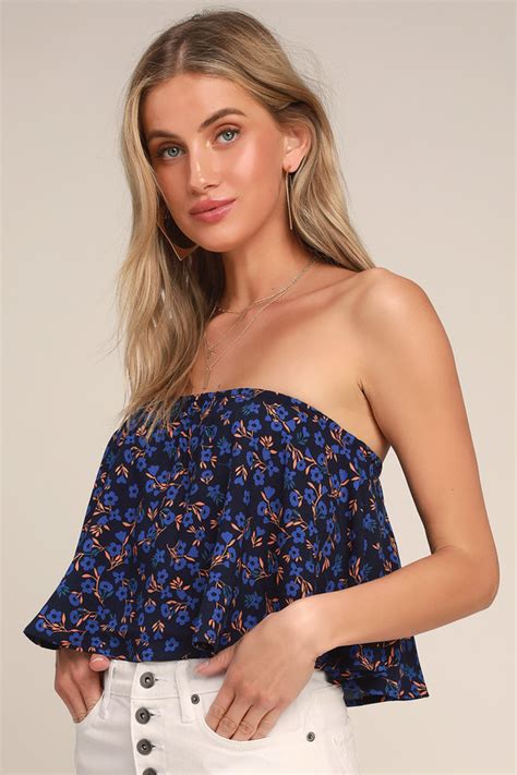 Cute Floral Print Crop Top Strapless Top Navy Strapless Top Lulus