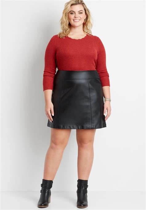 Plus Size Black Faux Leather Bengaline Pull On Skirt Plus Size Leather Skirt Outfit Leather