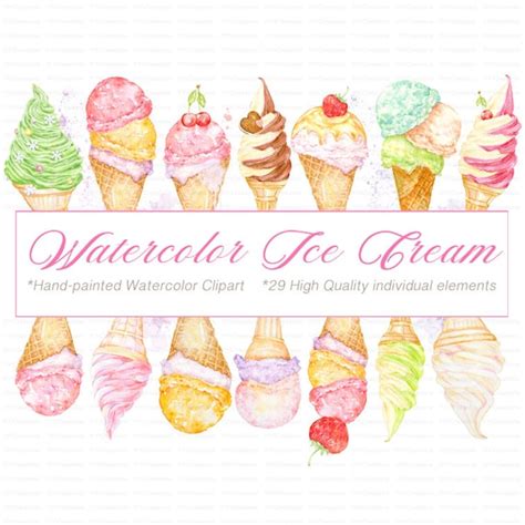 Watercolor Ice Cream Clipart Summer Treats Illustrations Etsy UK