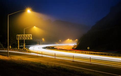 Road Night Fog Hills Lamps Way Path Lights Landscapes Nature