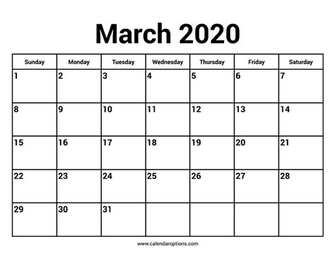 March 2020 Calendars Calendar Options