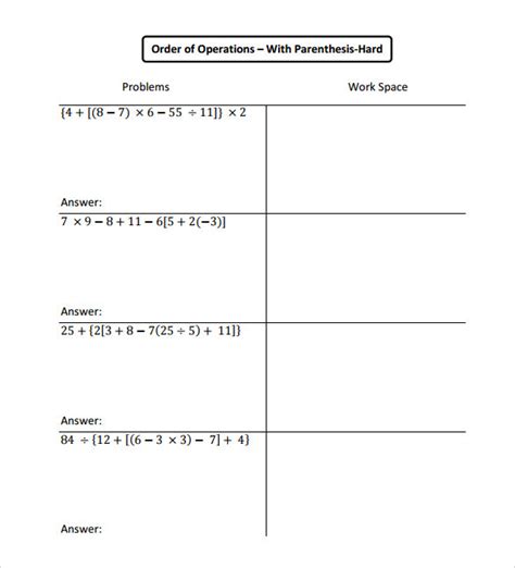 Order Of Operations Worksheet One Card Numbers