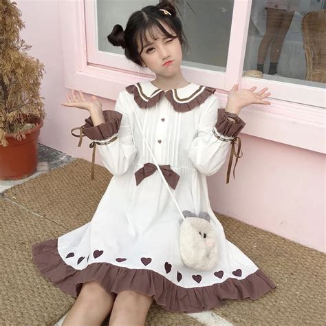 Japanese Womens Sweet Dress Cute Bow Doll Collar Heart White Mini