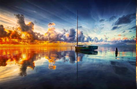 Sunrise Sea Clouds Boat Reflection Water Nature Landscape Wallpapers Hd Desktop And