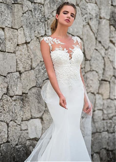 Magbridal Fashionable Tulle And Acetate Satin Jewel Neckline Mermaid Wedding Dress With Beaded