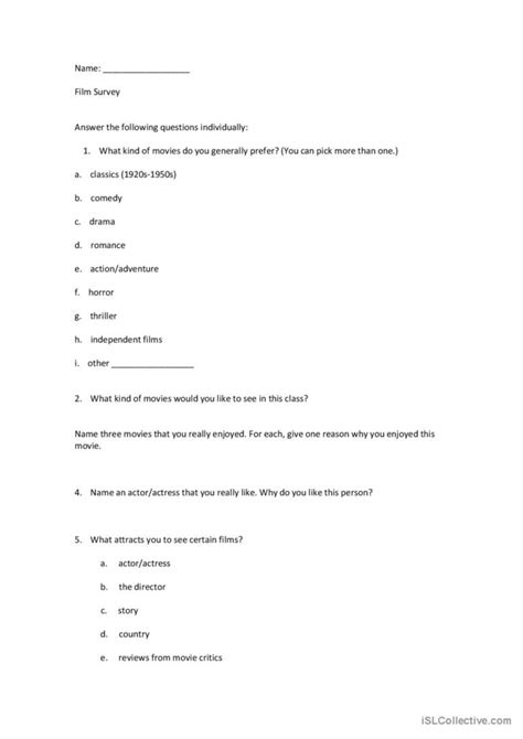 Movie Survey Video Or Movie Activity English Esl Worksheets Pdf And Doc