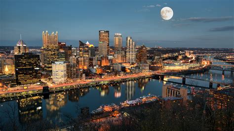 Free Download Hd Wallpaper Full Moon Cityscape Skyline Pittsburgh