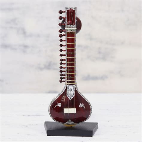 Miniature Assorted Wood Sitar Instrument With Wood Base Four String