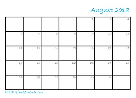 Free August Calendar Printable The Little Frugal House