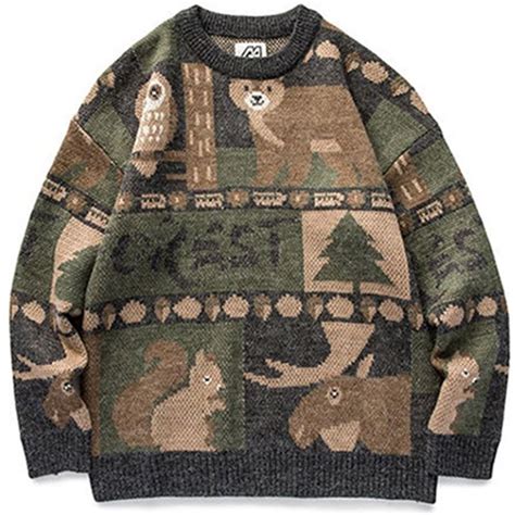 Aonga Winter Vintage Sweater Men New Japanese Cute Bear Couples Knitted