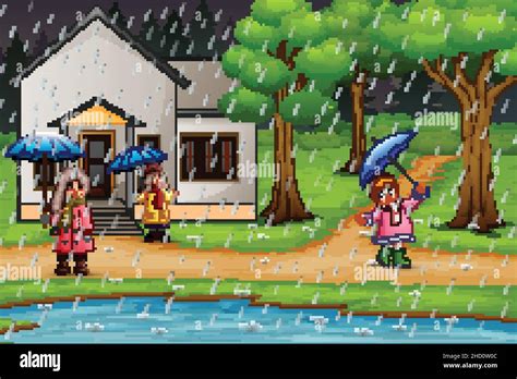 cartoon happy girls carrying umbrella under the rain in front a house stock vector image and art