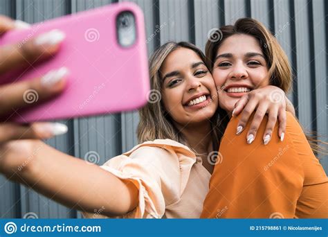 Two Friends Taking Selfie With Phone Outdoors Stock Image Image Of Lifestyle Friend 215798861