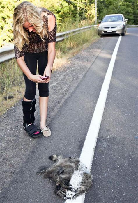 Road Crew Paints White Stripe Across Dead Raccoon White Painting