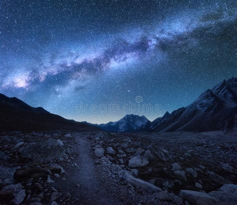 Milky Way And Mountains Night Landscape Stock Photo