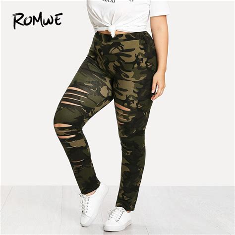 Romwe Sport Plus Size Camouflage Ladder Ripped Elastic Waist Wome