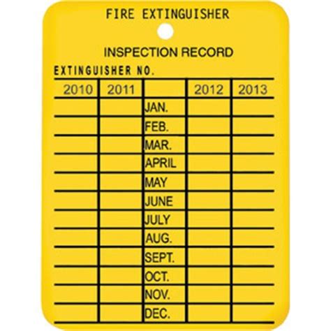 A complete description of how to properly conduct required monthly fire extinguisher inspections. 4-Year Plastic Inspection Tag