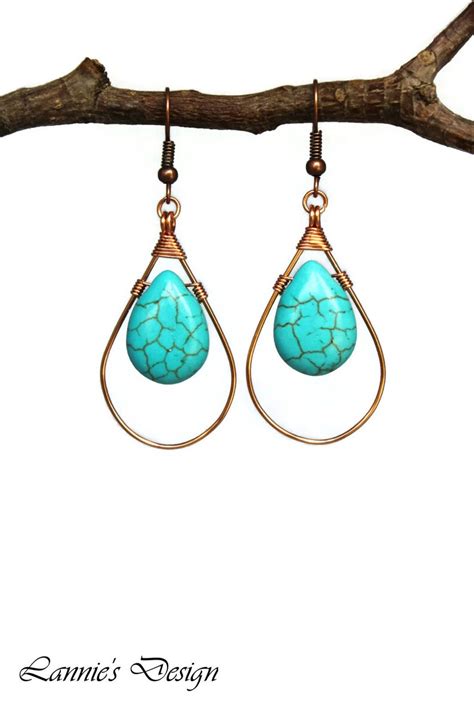 Turquoise Teardrop Dangling Earrings Antiqued Brass Copper Etsy