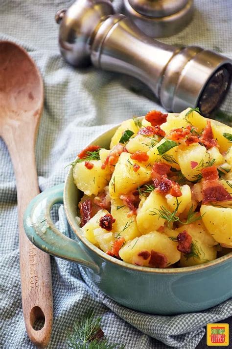 While the potatoes are cooking, mix together the remaining ingredients to make the dressing. Easy German Potato Salad with Bacon | Sunday Supper Movement