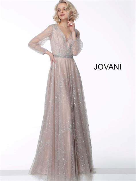 Jovani Nude Glitter Beaded Belt Long Sleeve Maxi Gown