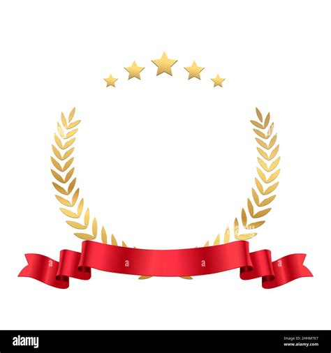 Gold Laurel Wreath With Red Ribbon And Stars Vector Illustration 3d