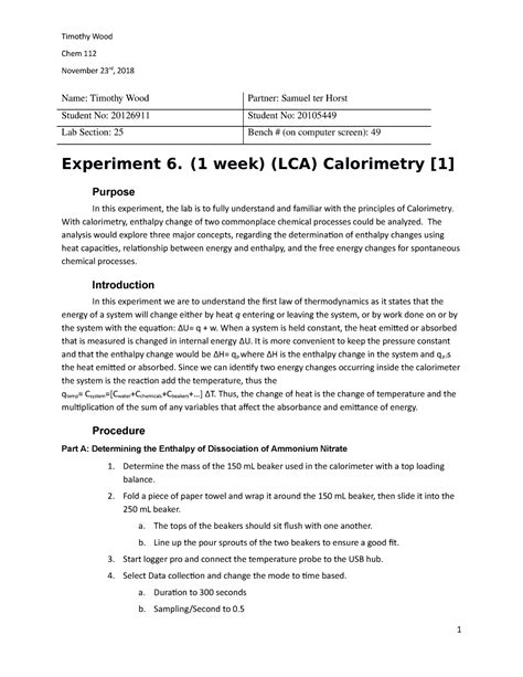 Experiment 25 Calorimetry Lab Report