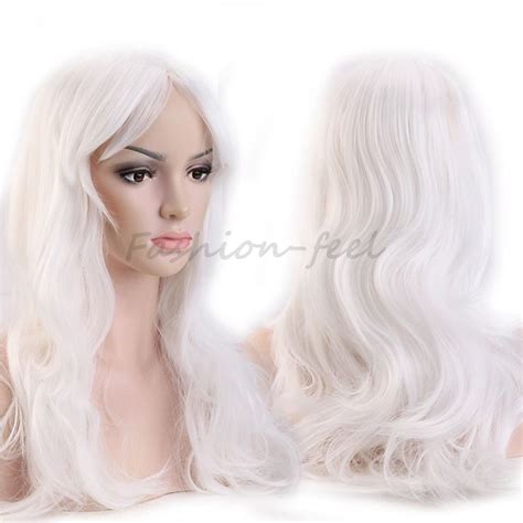 19 48cm Long Curly Wavy Synthetic Full Head Wigs White Womens Costume