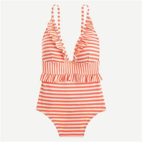 Ruffle Plunging One Piece Swimsuit In Mixed Stripe One Piece Swimsuit