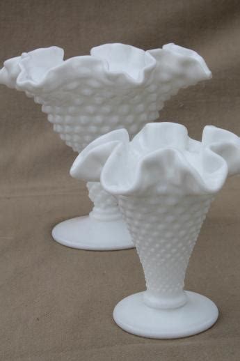 Vintage Fenton Milk Glass Vases Hobnail Pattern Glass W Crimped Ruffle Edge