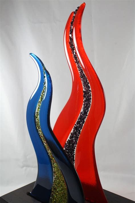 Handmade Orange And Blue Fused Glass Sculpture With Wooden Base By J M Fusions Llc