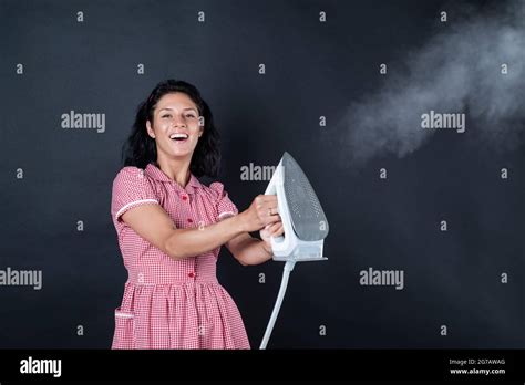 Nice Working Day Pinup Girl Use Steaming Iron Home Appliance Housekeeper Woman Ironing Happy