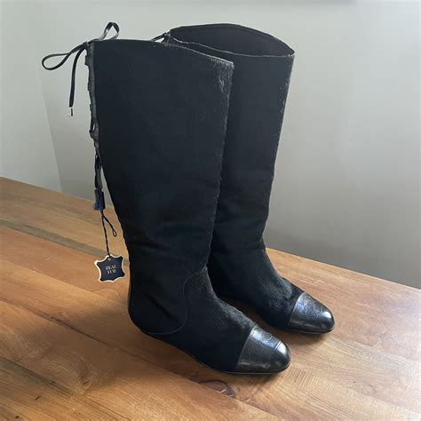 Nwt Migliorini Italian Black Leather Calf Hair Tall Flat Boots Size 75 Ebay
