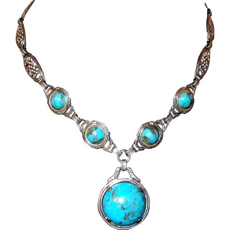Elaborate Sterling Chain Marbled Turquoise Glass Drop Necklace From