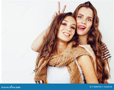 Two Best Friends Teenage Girls Together Having Fun Posing Emoti Stock