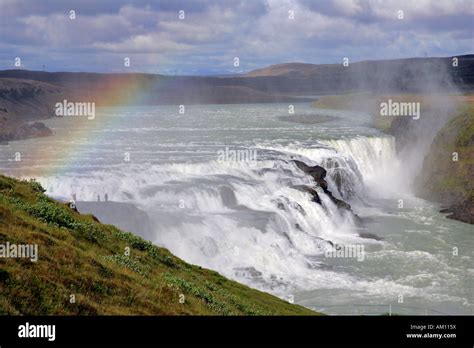 Gullfoss Waterfall At The Hvita River In Iceland With Rainbow In