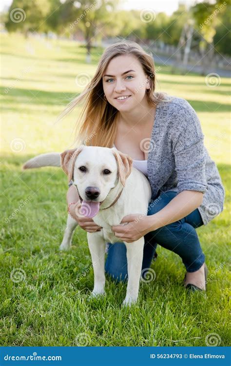 Beautiful Woman With Her Dog Labrador Retriever Stock Image Image Of