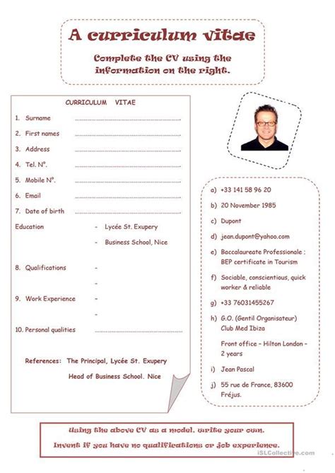 Curriculum Vitae Worksheet Free Esl Printable Worksheets Made By