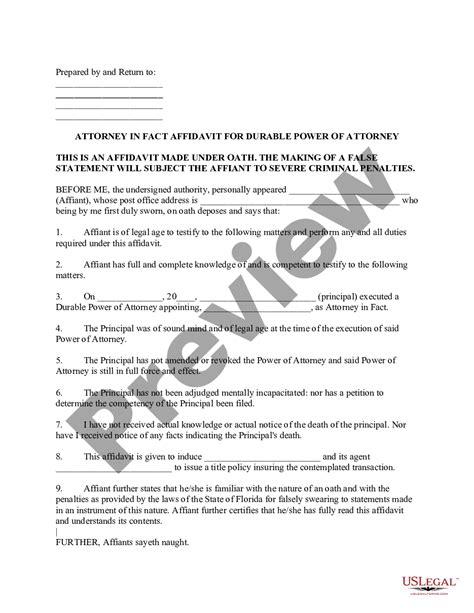 Orlando Florida Attorney In Fact Affidavit For Durable Power Of